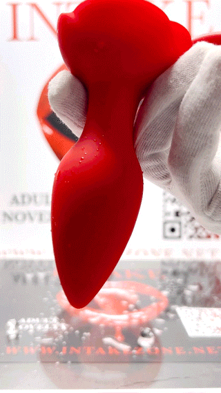 Red Blooming Rose vibrating anal plug with wireless remote displayed on INTAKE packaging