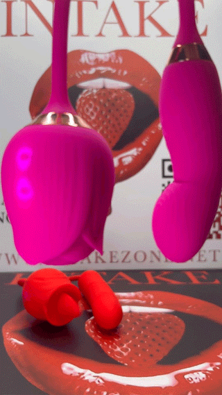 The Ultimate Rose (Pulsate) pink vibrator with double-sided design shown against INTAKE backdrop.