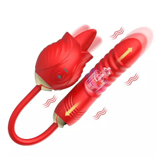 Close-up of red Ultimate Rose Extend showing thrusting shaft and rose licking head