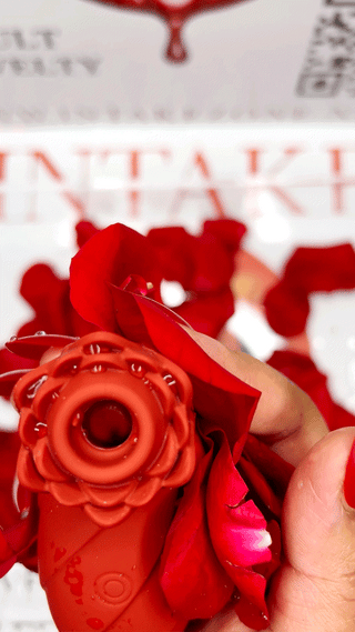 Hand holding red Rose Me clitoral suction toy surrounded by rose petals