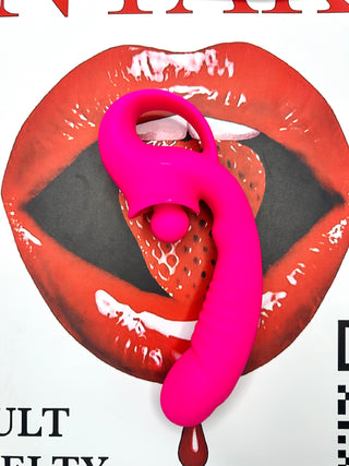 Side view of Take Me There pink vibrator showing curved G-spot design.